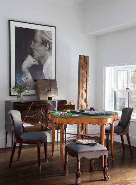 A pair of Maison Leleu sidechairs, circa 1925 and a mid-century game table covered in felt